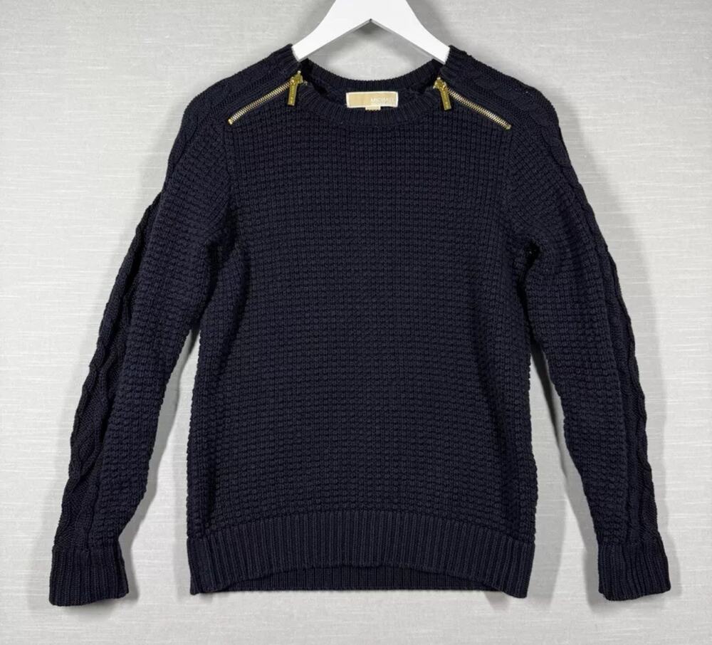 Michael Kors Sweater Womens Large Blue Knit Zipper Shoulder Fisherman Cable